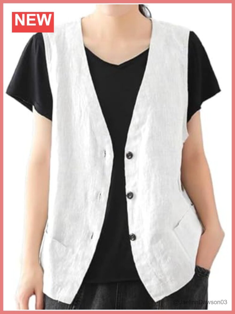 Cotton Linen Vest Sleeveless V-Neck Button Front Waist Design Casual Women